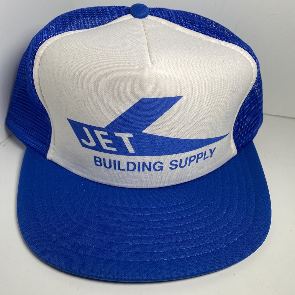 Vintage JET BUILDING SUPPLY Snapback Trucker Hat Cap Foam Screen Print‎ Lid Blue